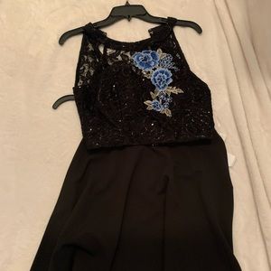 2 Piece Black Lace Dress, Blue Flower Embroidery